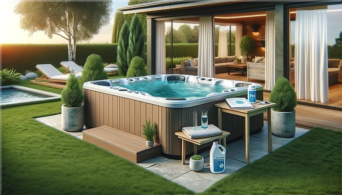 A backyard hot tub with chemicals beside it