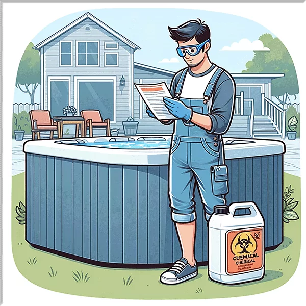 How-To-Lower-Alkalinity-In-A-Hot-Tub-Safty - Love's Hot Tubs A man by a hot reading the instructions how how to use the chemicals safely