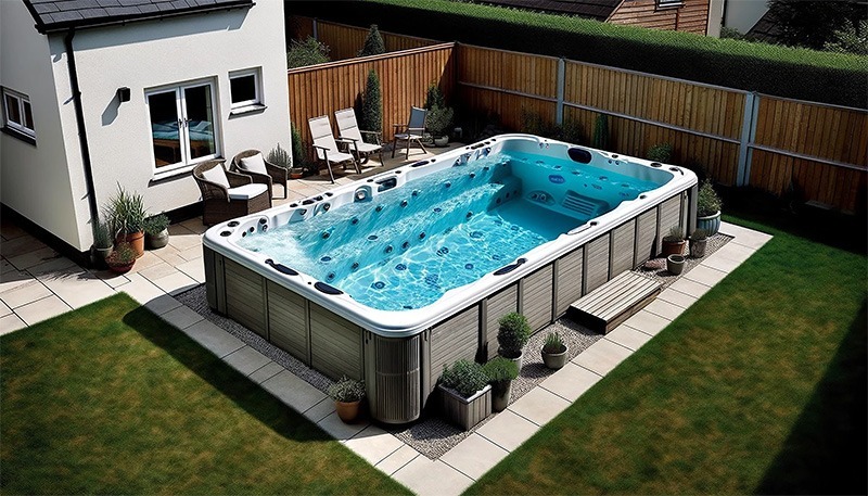 a swim spa in a backyard