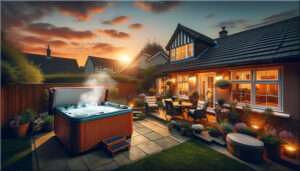 An image of a nice house, and a hot tub outside under the sunset.