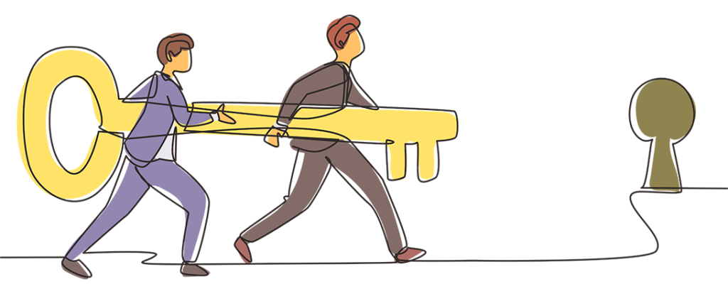 drawing image of two people putting a large key in a key hole.