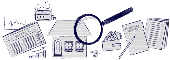 Do Hot Tubs Add Value To Homes On The Market- Real Estate Market - Love's Hot Tubs Sketches of a house, hot tub, graphs, money paper, magnify glass, keys, folder, pencil, and paper