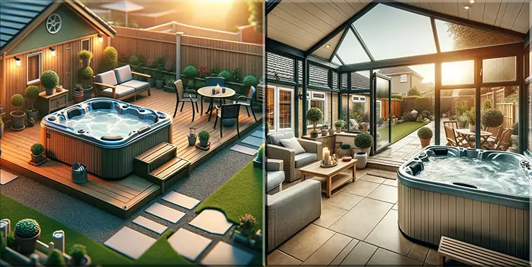 An images comparing an out door hot tub vs an indoor hot tub