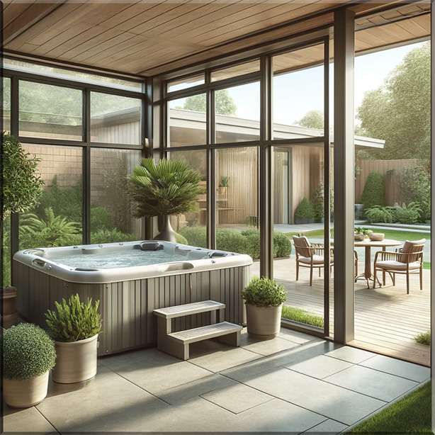 A hot tub inside a closed patio