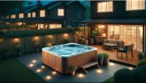An image of a hot tub outdoors at night