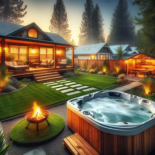 The-Complete-Guide-to-Hot-Springs-Benefits-for-Your-Hot-Tub-Natural-Elements- - Love's Hot Tubs A hot tub in a backyard with a fire pit