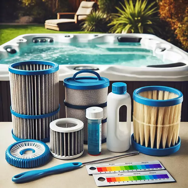 Your-clean-hot-tub-filters-and-maintenance-tools-such-as-a-skimmer-brush-and-test-strips-laid-out-neatly-next-to-a-hot-tub-The-tools-a - Love's Hot Tubs A hot tub with hot tub filters, ph test strips, skimmer brush and chemicals