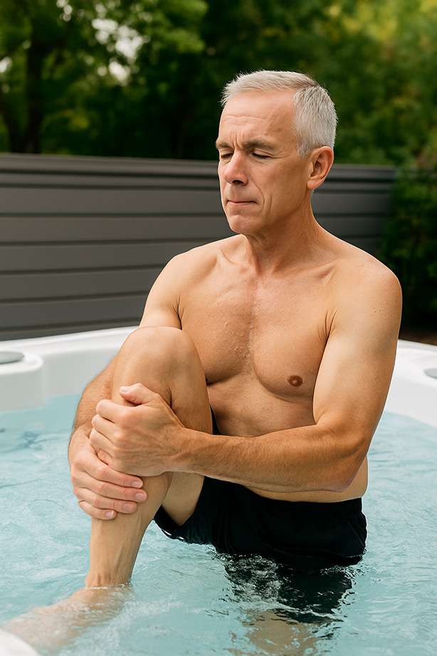 Why Hot Tub Fitness Works - Love's Hot Tubs Man doing High Knee Stretching